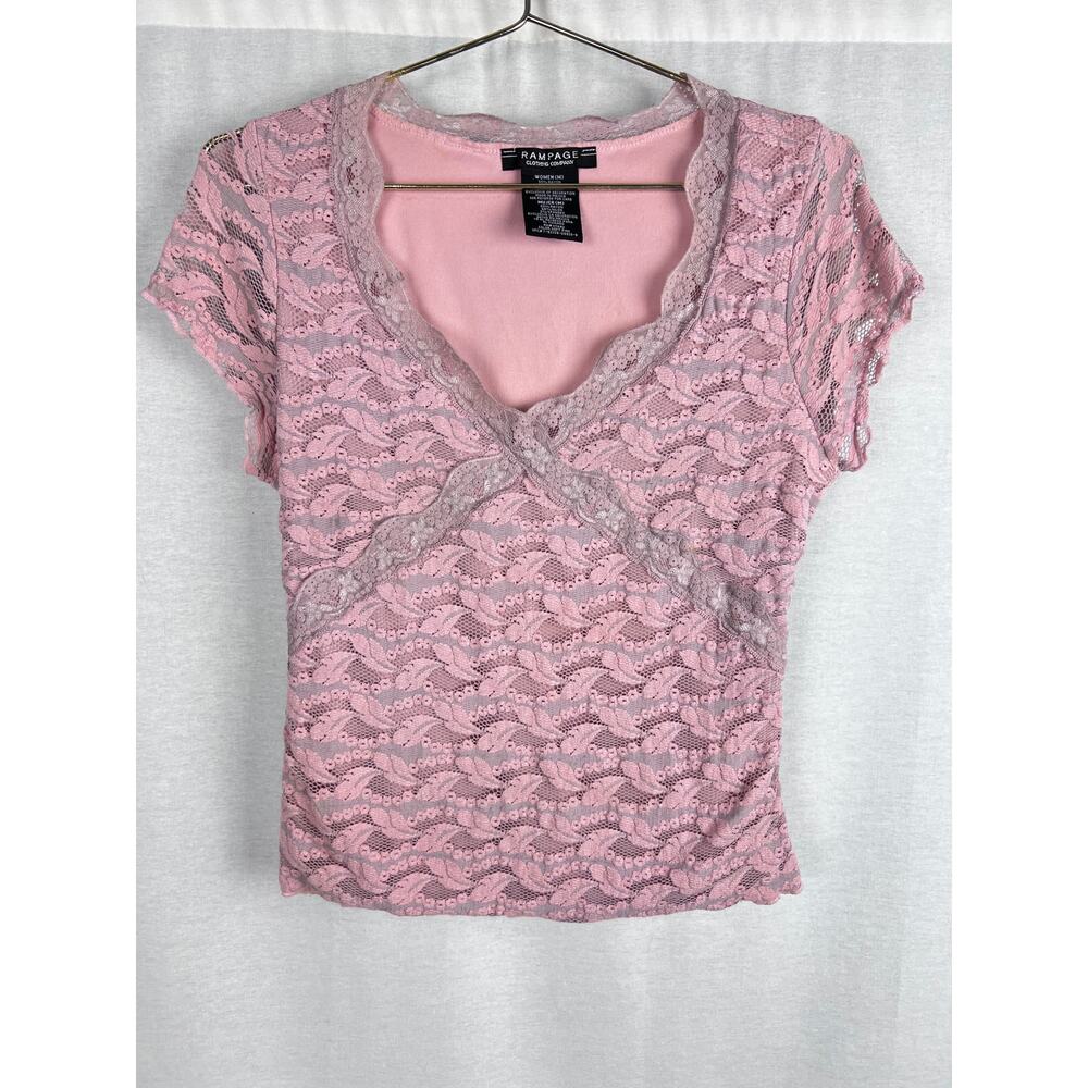 Rampage Baby Pink Retro Y2K Lace Short Sleeve Crossover Top 💕🦋